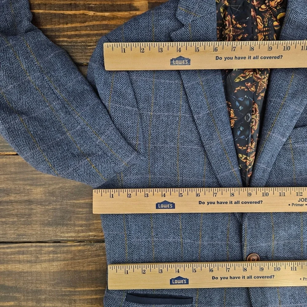 Men's Polyester Tweed Sport Coat Blazer Two Button Blue Plaid Size 36R